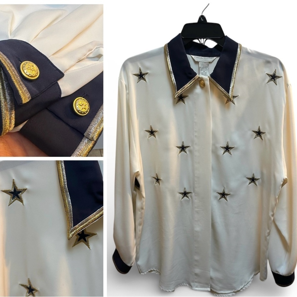 Casual Corner Vintage Cream and Navy Star Blouse M